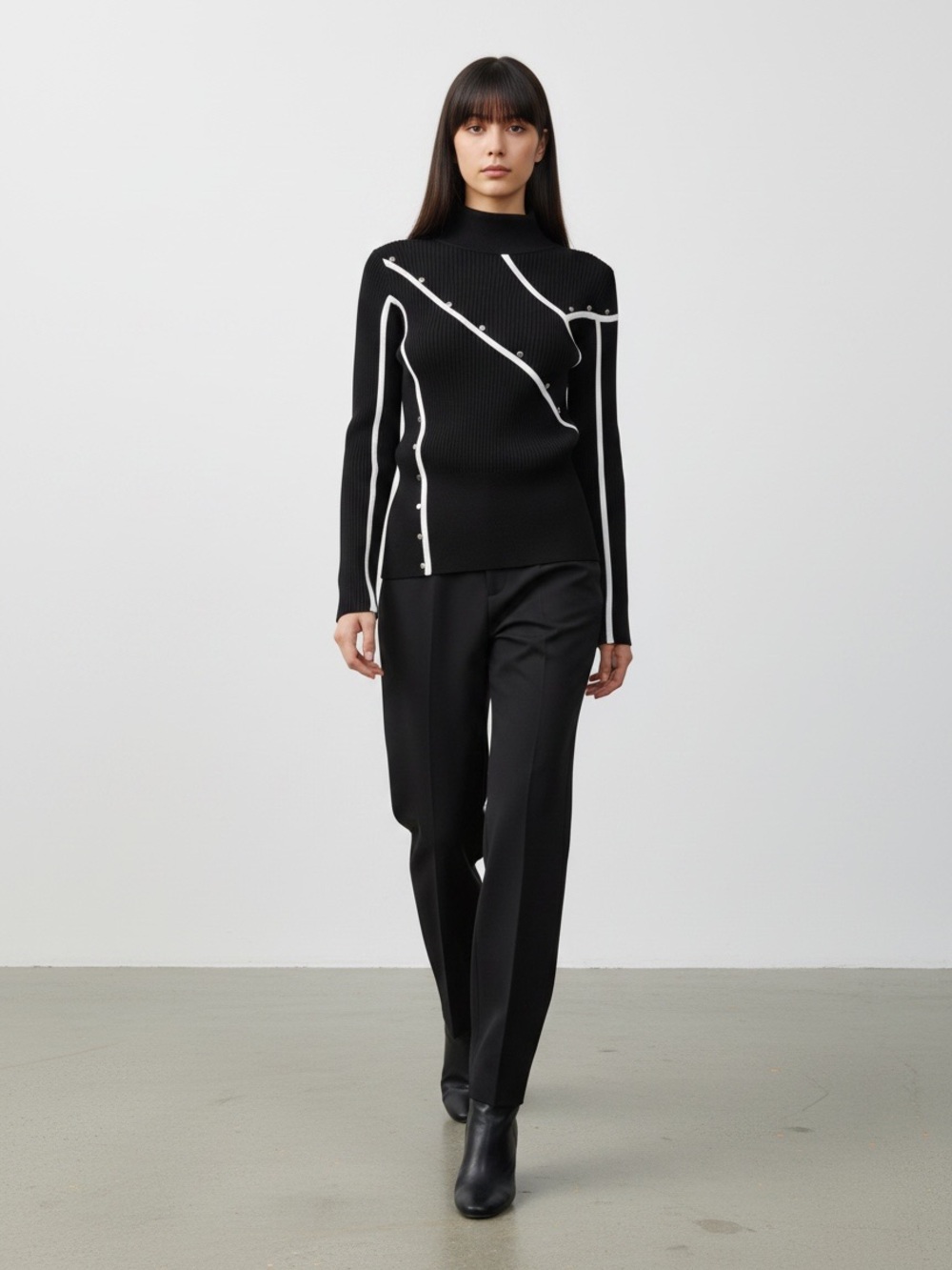 Black High-Neck Ribbed Sweater with Contrast Trim